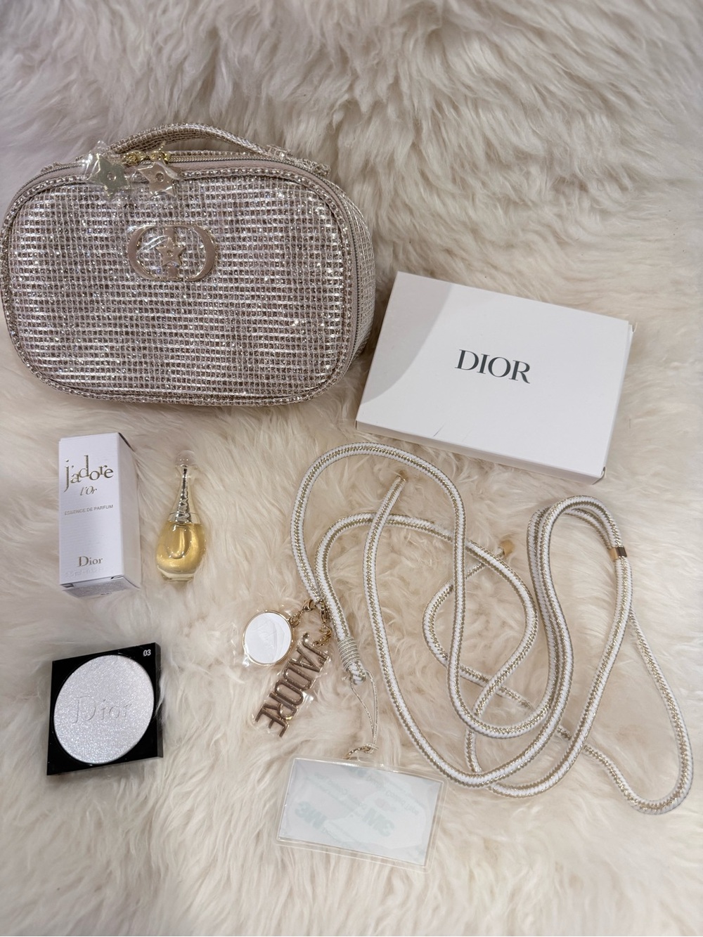 Dior Metallic Gold Pouch with Phone Ring and Highlighter tester
